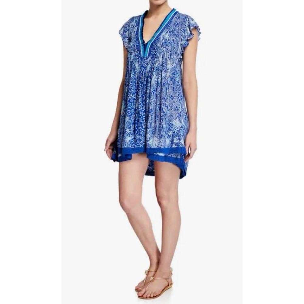 Poupette St Barth Sasha Lace-trimmed Mini Dress Blue Geo Batik